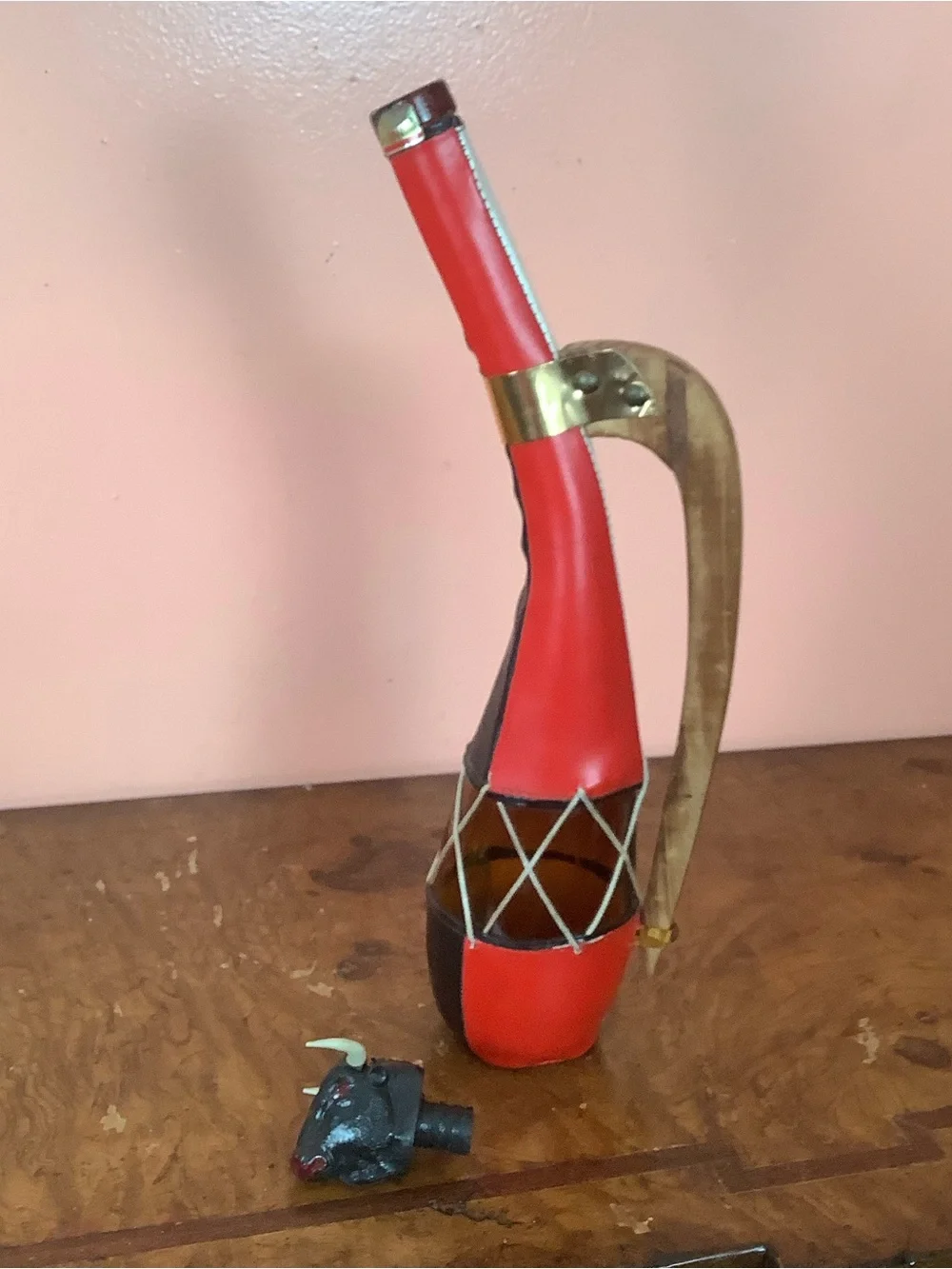 Red Black Leather-Wrapped Glass Decanter, Bull Head Stopper & Wood Handle 18”